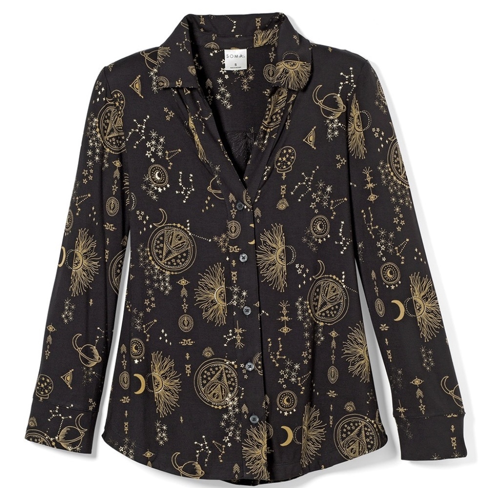 Soma Lounge Pajama Stars Moon Black Gold Button front Top  MD LG NWT
